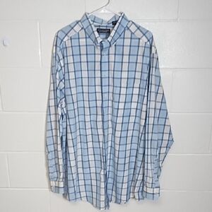 Roundtree & Yorke Button Down Blue White Pink Plaid Cotton Shirt
